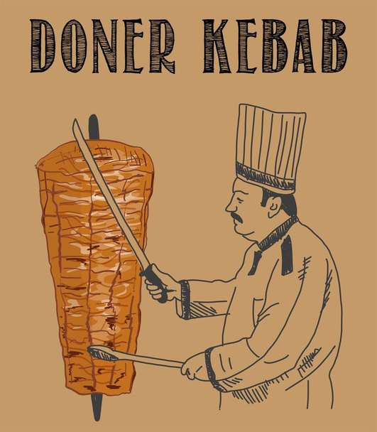 Cocinar kebab Doner e ingredientes para kebab. Elementos de diseño de menú de comida rápida. Shawarma dibujado a mano. Comida del Medio Oriente. Vector. - Vector, imagen