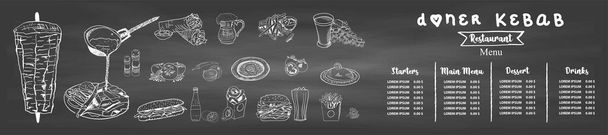 Dönerkoch und Zutaten für Dönerspieße. Design-Elemente für Fast-Food-Menüs. Shawarma Hand gezeichnet. Nahöstliches Essen. Vektor. - Vektor, Bild