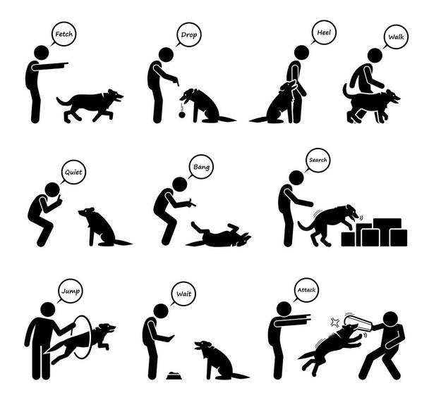 Conjunto de comandos avanzados para perros e iconos de entrenamiento conductual. Ilustraciones vectoriales de una persona dando señales de mano para que el perro siga en aprendizaje obediente.  - Vector, imagen