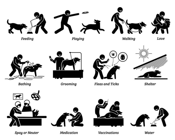 Set di icone per la cura dei cani. Illustrazioni vettoriali su come prendersi cura di un cane da compagnia dando cibo, riparo, amore e bisogni di salute. - Vettoriali, immagini