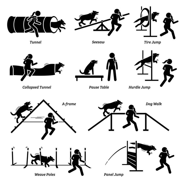 Conjunto de iconos de competencia de agilidad para perros. Ilustraciones vectoriales de obstáculos de agilidad perro y obstáculos curso evento.  - Vector, imagen