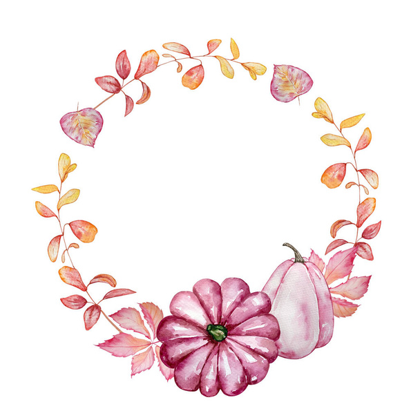 水彩手は秋の枝の花輪を描いた。ピンクのカボチャ、秋の葉や枝で丸いフレーム。デザインと背景のための秋のイラスト - 写真・画像
