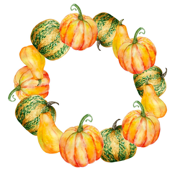 Watercolor hand painted autumn branch wreath. Round frame with orange pumpkins, different shapes. Autumn illustration for design and background. - Foto, Imagem