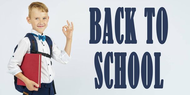 Education concept. A schoolboy with a briefcase holds books in his hands and shows the gesture ok. The text is written next to it - BACK TO SCHOOL - 写真・画像