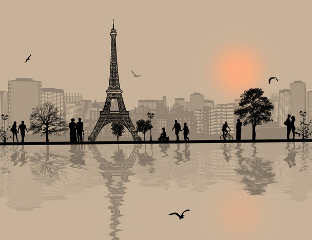 Paříž panoráma města a lidé silueta - Vektor, obrázek