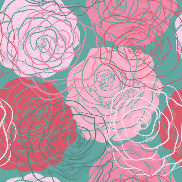 schönes nahtloses Muster mit Rosen in einem handgezeichneten grafischen Stil in Vintage-Farben - Vektor, Bild