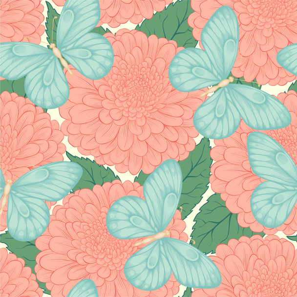 Beautiful seamless pattern with flowers chrysanthemums, leaves and butterflies - Vector, Image