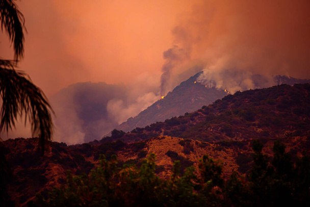 Kaliforniya Vahşi Ateşi. Şehrin Yakınındaki Los Angeles Yangını. Amerika 'da yangınlar. Kaliforniya dağlarında duman ve ateş. Olağanüstü hal. Havaya dumanlar yükseliyor.. - Fotoğraf, Görsel