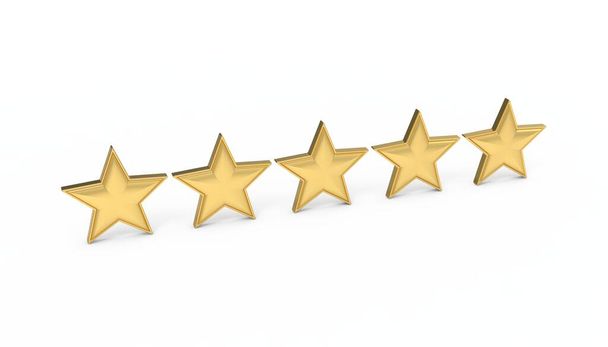 Pět zlatých hvězd. Zlatá pětičlenná recenze nebo hodnocení. 3D ilustrace. - Fotografie, Obrázek