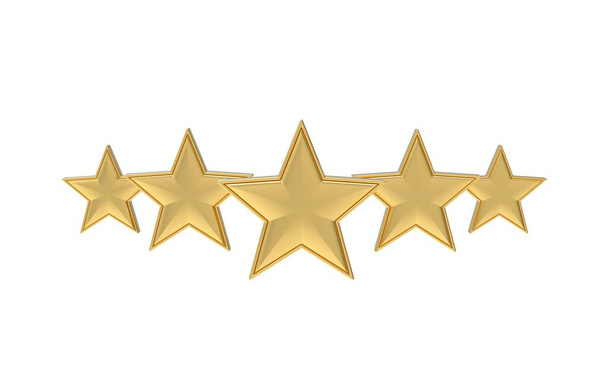 Pět zlatých hvězd. Zlatá pětičlenná recenze nebo hodnocení. 3D ilustrace. - Fotografie, Obrázek