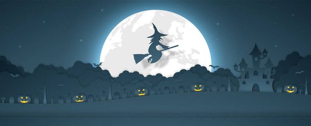 Tête de citrouille d'Halloween, sorcière volant au-dessus du nuage avec château, cimetière sur la colline et pleine lune, style art papier - Vecteur, image