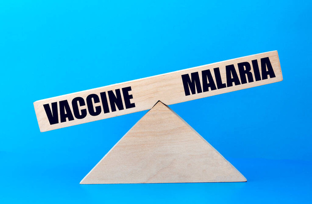 concept of the balance of words vaccine and malaria on wooden scales - Zdjęcie, obraz