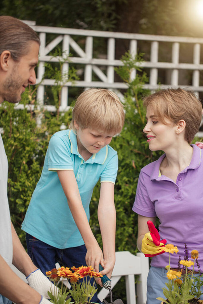 Boy kid helps parents planting flower in pot. Gardening, planting concept. - Photo, Image