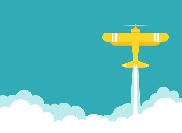 yellow retro airplane or aeroplane flies in sky with clouds. Flat old vintage aircraft. Vector wide background. Travel, transportation. Start up, launch, invention. Creative project. Joy and happiness - Vecteur, image