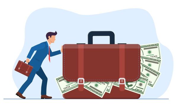 бизнесмен или менеджер толкает огромный чемодан - Вектор,изображение