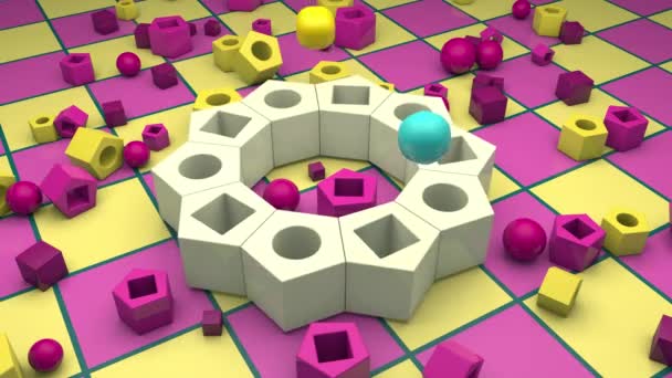 3D animatie van een complexe geometrische vorm gemaakt van pentaëders met gaten in het midden. Clubs vliegen uit de gaten en veranderen in bollen. Abstract 4K animatie met continue weergave. - Video
