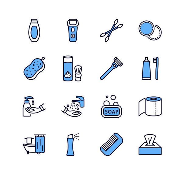 Personal hygiene products vector flat line icon set. Blue color. Hygiene for guys and men. Editable strokes. - Вектор, зображення