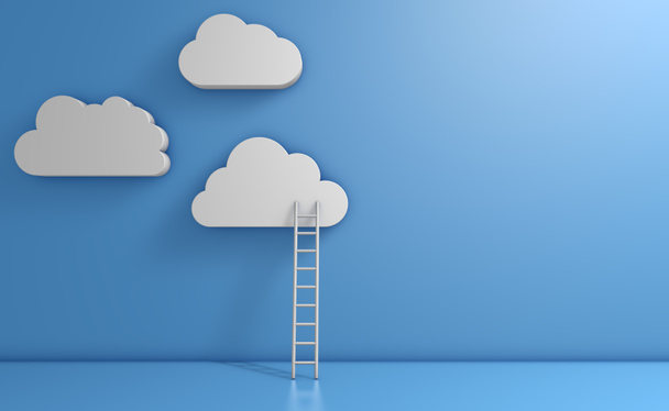 White clouds on a blue background and a ladder. 3d render. - Photo, Image