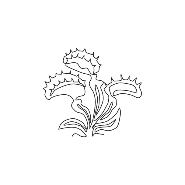 Единая сплошная линия рисования таинственной свежей венерической мухоловки для печати плакатов домашнего декора. Страшный гриб Dionaea для монстра. Векторная иллюстрация - Вектор,изображение