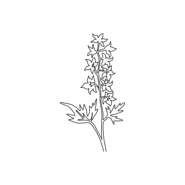 Single one line drawing beauty fresh larkspur for garden logo. Decorative of  perennial delphinium concept for home wall decor art poster print. Modern continuous line draw design vector illustration - Vector, Image