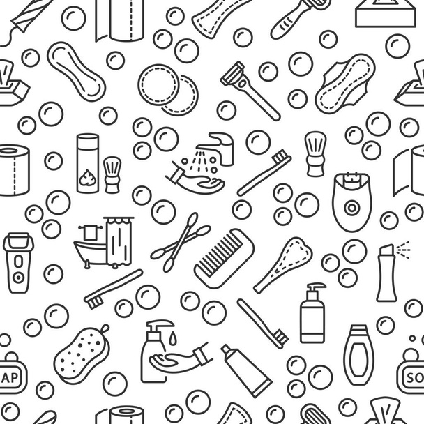 Personal hygiene products seamless pattern with vector line flat icon. Care of yourself. Womens and mens individual hygiene items - Wektor, obraz