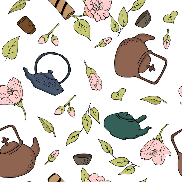 Tea background with teapots and comel flower. Japanese teapots and pink flowers - Vektor, Bild