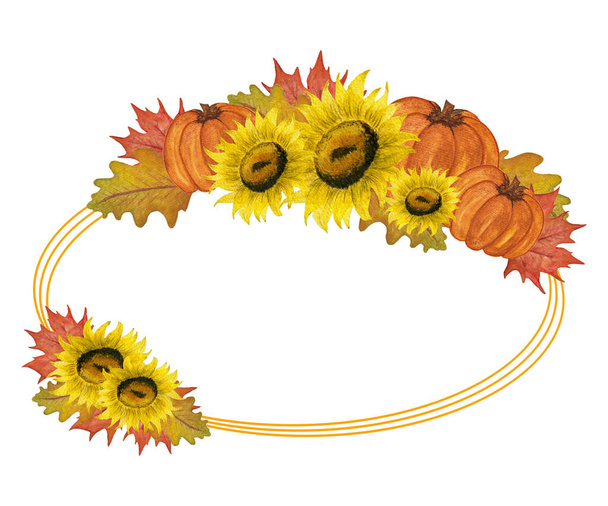 κολοκύθα και ηλιοτρόπιο εορταστική φθινόπωρο floral πλαίσιο, ακουαρέλα πτώση εικονογράφηση σε φωτεινά και ζωντανά φθινοπωρινά χρώματα, ευχαριστία και το φθινόπωρο πρότυπο κάρτα σχεδιασμού - Φωτογραφία, εικόνα