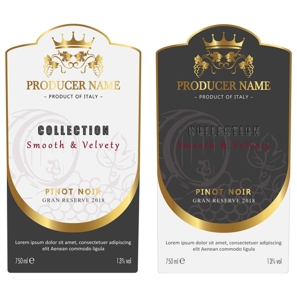 Premium Quality Red and White Wine Labels Set. Clean and Modern Design with Hand Drawn Grapes Bunch, Leaf and Stylish Minimal Typography. - Vector, Imagen