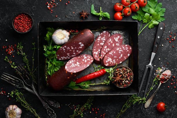 Salami with lard. Moscow traditional sausage. Top view. Free space for text. - Foto, immagini