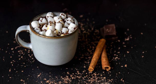 Homemade hot chocolate or cacao with mini marshmallow and cinnamon. Warm holiday drink. - Фото, зображення