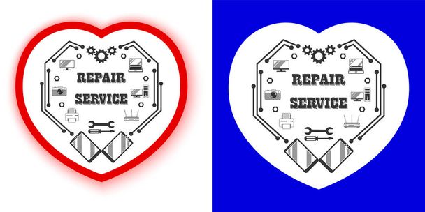 Tamir servisi için çıkartma, dijital, video ve bilgisayar ekipmanlarının onarımı ve bakımı - mekanik, dijital kalp şeklinde yazıtlı şık bir retro logo. Vektör - Vektör, Görsel
