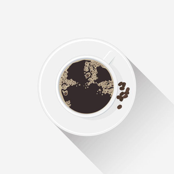Біла чашка з гарячим напоєм. Кавова чашка з тарілкою. Мінімалістична графічна ілюстрація чорної кави
.  - Вектор, зображення