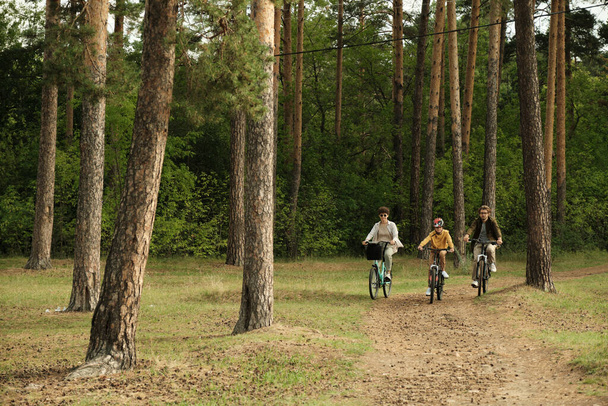 Feliz familia activa de padres jóvenes y su hijo sentado en bicicletas mientras avanza por el sendero del bosque rodeado de troncos de pinetree - Foto, Imagen