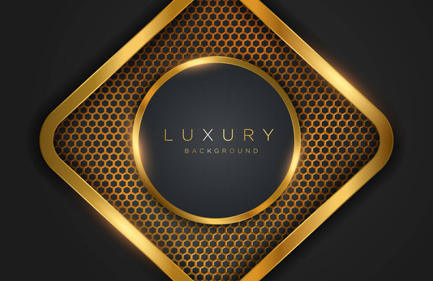 Realistic 3d background with shiny gold geometric shape. Vector golden geometry shape on black surface Graphic design element. Luxurious Elegant template - Vector, Image