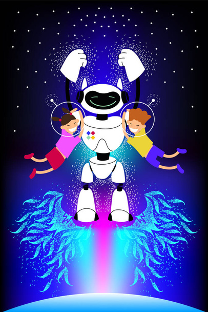 Android repül gyerekekkel az űrben. Űrhajósok a nyílt űrben. A csillagos ég fiatal felfedezői. Az első kozmikus sebesség a sugárhajtóművel. robot dadus gyerekek vektor illusztráció. Robot bébiszitter. - Vektor, kép