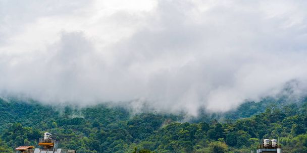 Hills with jungle in Nepal, covered with fog. Landscape with tropical rainforest. Reference image for CG drawing, matte painting. Stock photo. - Zdjęcie, obraz