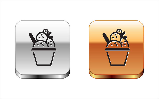 Black Ice cream in the bowl icon isolated on white background. Sweet symbol. Silver-gold square button. Vector. - Vector, afbeelding