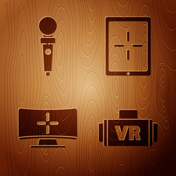 Állítsa be a virtuális valóság szemüveg, Joystick arcade gép, Számítógép monitor és Tablet fából készült háttérrel. Vektor. - Vektor, kép