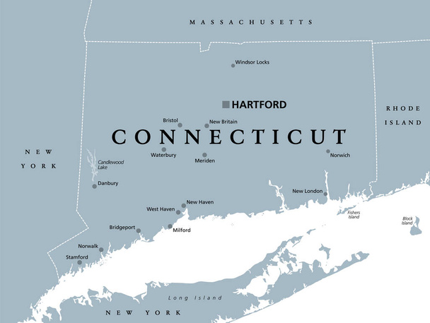 Connecticut, poliittinen kartta pääkaupungista Hartfordista. Connecticutin osavaltio, CT, Uuden-Englannin eteläisin osavaltio Koillis-Amerikan yhdysvalloissa. Harmaa kuva, yli valkoinen. Vektori. - Vektori, kuva