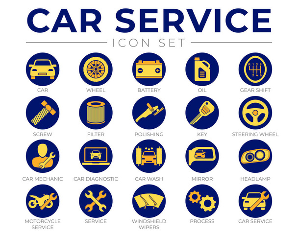 Niebieski żółty samochód usługi okrągłe ikony zestaw z baterii, olej, przełącznik biegów, filtr, polerowanie, klucz, kierownica, diagnostyka, mycie, lustro, ikony reflektora - Wektor, obraz