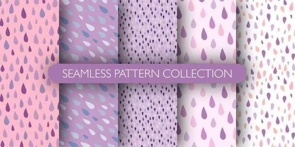 Set of raindrops doodle seamless pattern. Blue and purple drops. Weather theme. Great for wrapping paper, textile, fabric print and wallpaper. Vector illustration. - Vector, Image