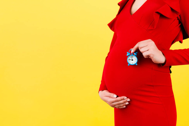 Cropped image of pregnant woman in red dress holding alarm clock against her abdomen at yellow background. Child expecting. Copy space. - Photo, Image
