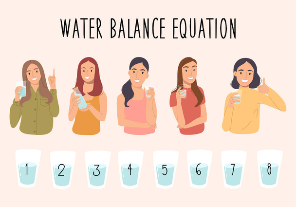 Set of water balance tracker.Happy young girl holding a bottle of water and smiling.Vector hand drawn illustration. - Vector, Image