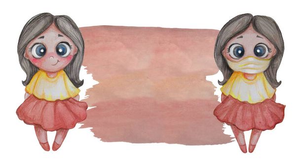 COVID-pandemian käsite. Kaksi kaunista tyttöä naamion kanssa ja ilman. Niiden vieressä on vaaleanpunainen tausta - paikka kirjoittaa tekstiä. Käsi piirustus. Vesivärit ja värilliset kynät - Valokuva, kuva
