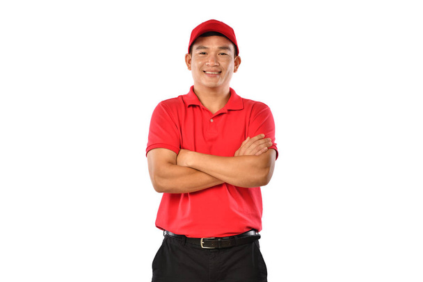 Portrait of male delivery man, messenger, empolyee, worker, service provider smiling and looking happy and welcome - Photo, Image
