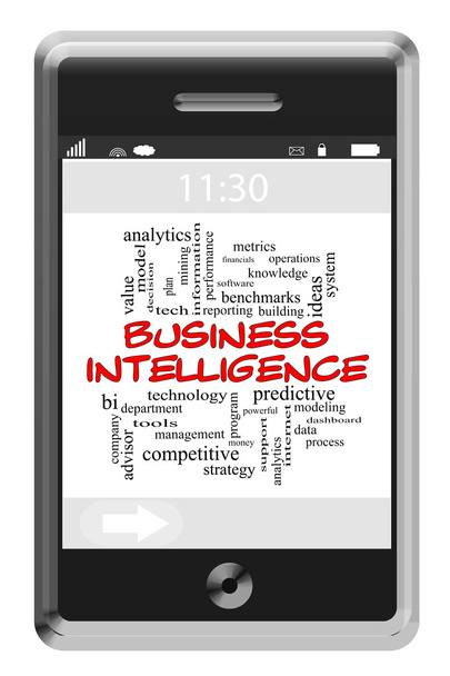 Concepto de nube de palabras de inteligencia empresarial en el teléfono con pantalla táctil
 - Foto, imagen