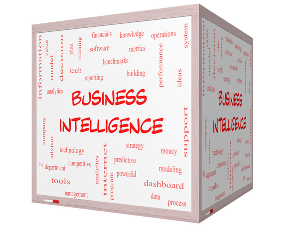 Concepto de nube de palabras de inteligencia empresarial en una pizarra blanca de cubo 3D
 - Foto, imagen