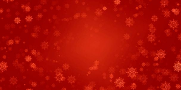 fondo rojo brillante saturado festivo, tarjeta de Navidad, nieve y muchos copos de nieve. Apagón en los bordes, centro de luz. - Foto, Imagen