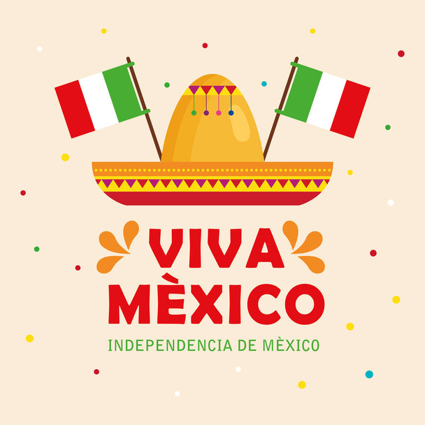 viva Μεξικό, ευτυχισμένη ημέρα ανεξαρτησίας, 16 Σεπτεμβρίου με καπέλο και σημαίες διακόσμηση - Διάνυσμα, εικόνα