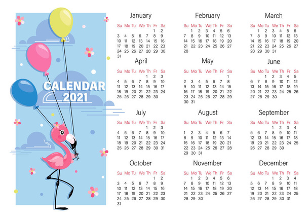 Kalenteri 2021. Flamingoon. Ilmapalloja. Vektorivauvakalenteri. Sarjakuvahahmo. Söpö pieni flamingo  - Vektori, kuva